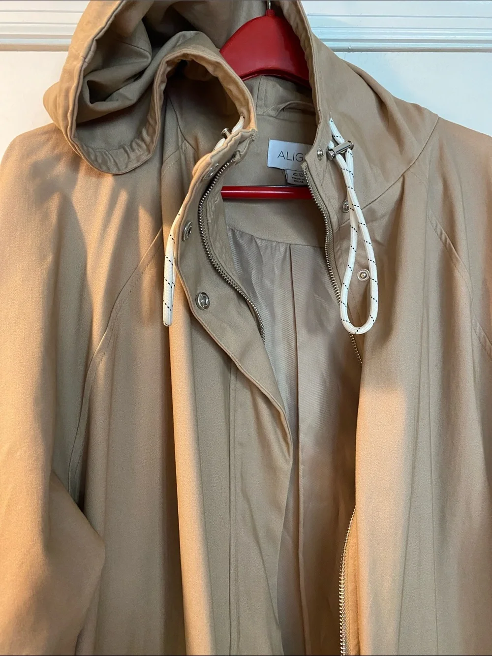 Aligne 98% Organic Cotton Long Hooded Double Zip Trench Coat NWOT
